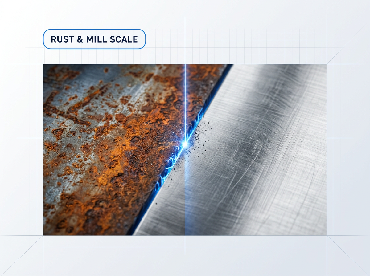 Split before/after surface showing thick orange-brown rust and mill scale on left half, clean bare steel with reflective finish on right half, divided by glowing electric blue laser contact line with particle ablation visible.