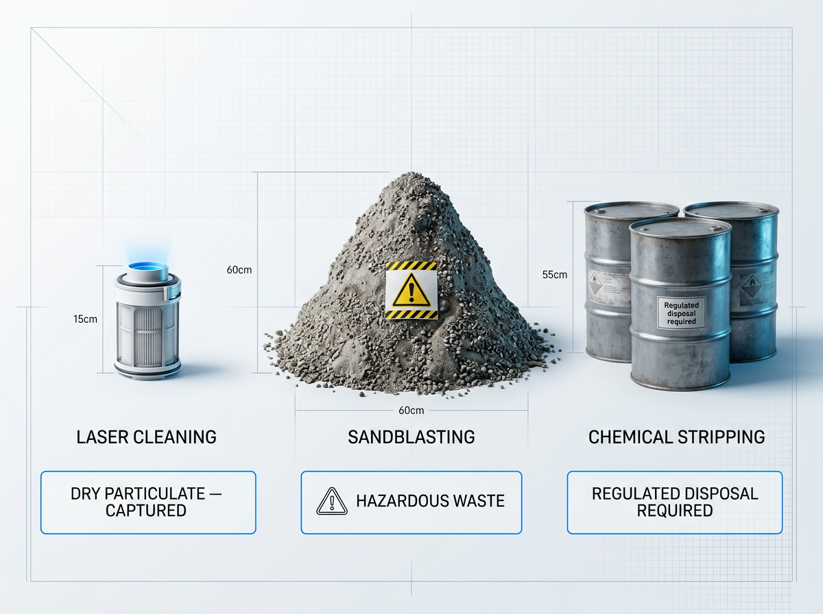 Three waste output methods compared side-by-side: compact HEPA filter cartridge for laser cleaning, large pile of spent abrasive media with hazard symbol for sandblasting, and three industrial drums for chemical stripping disposal.