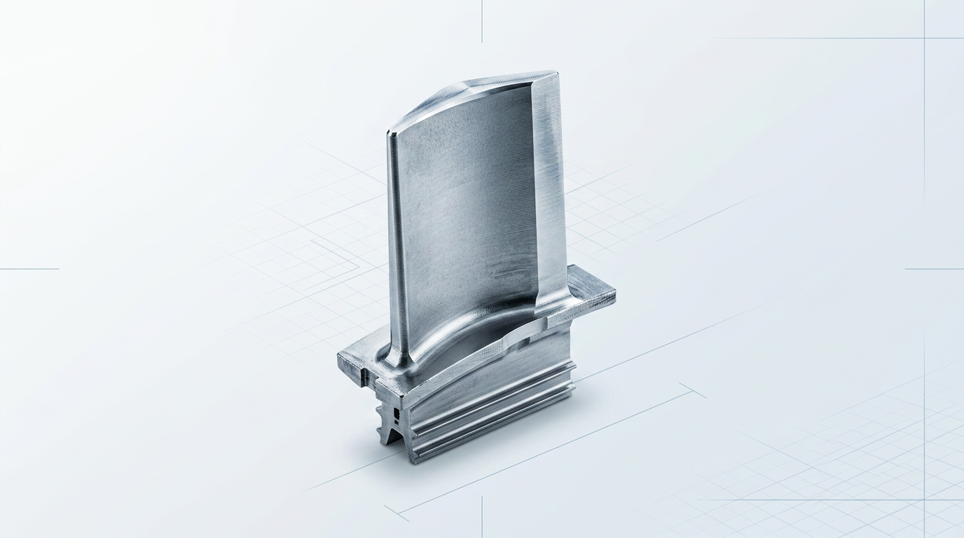 Aerospace turbine blade component with precise machining detail, positioned at angle to reveal aerodynamic profile and surface finish in bright engineering workspace.