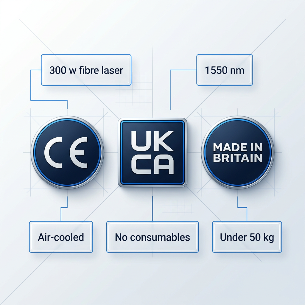 Three certification badges—CE, UKCA, and Made in Britain—arranged centrally with specification labels displaying 300 W fibre laser, 1550 nm wavelength, air-cooled, no consumables, and under 50 kg weight.