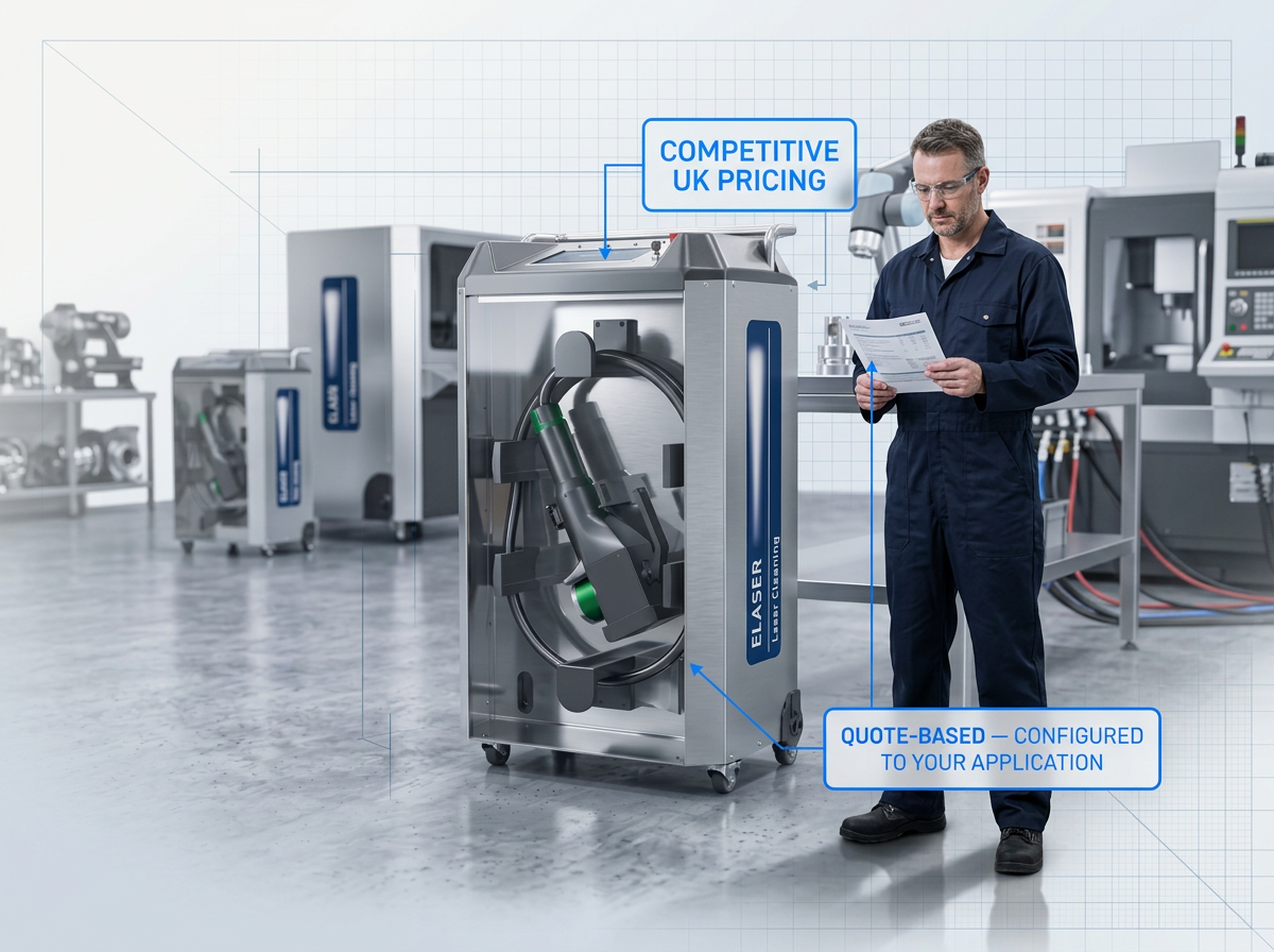 ELASER portable laser cleaning machine positioned in bright industrial workshop beside a professional engineer in navy coveralls reviewing a printed quote document, with 'Competitive UK Pricing' and 'Quote-Based — Configured to Your Application' labels overlaid.