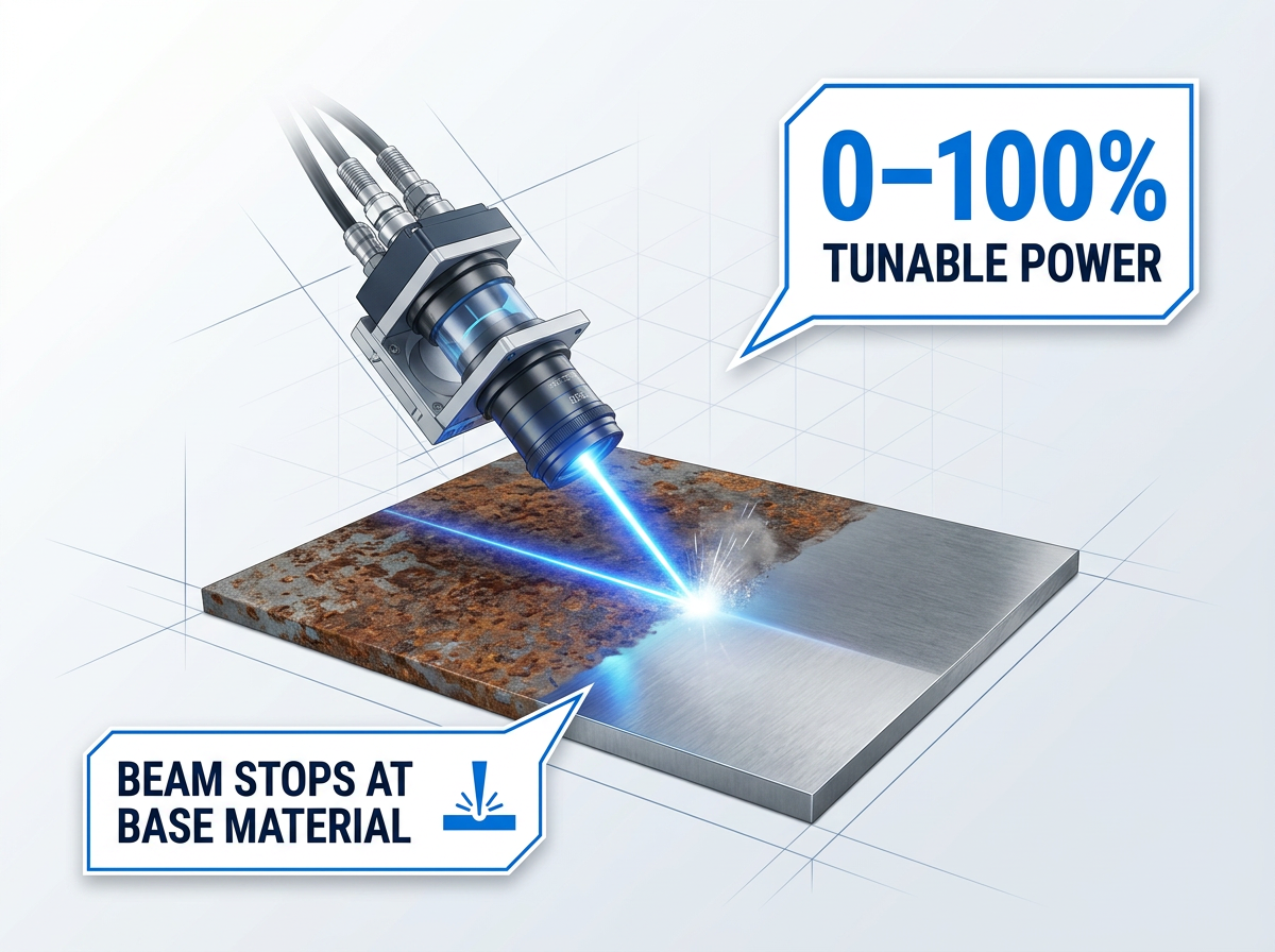 Laser cleaning head in active use on corroded metal surface, with electric blue beam at contact point showing clean bare material on one side and rust on the other, overlaid with badges reading 0–100% Tunable Power and Beam Stops at Base Material.
