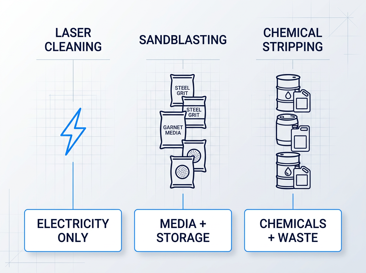 Cost comparison diagram with three columns: laser cleaning showing single electricity bolt icon, sandblasting showing stacked abrasive media bags, chemical stripping showing stacked chemical drums, each with labeled containers below describing running cost structure.