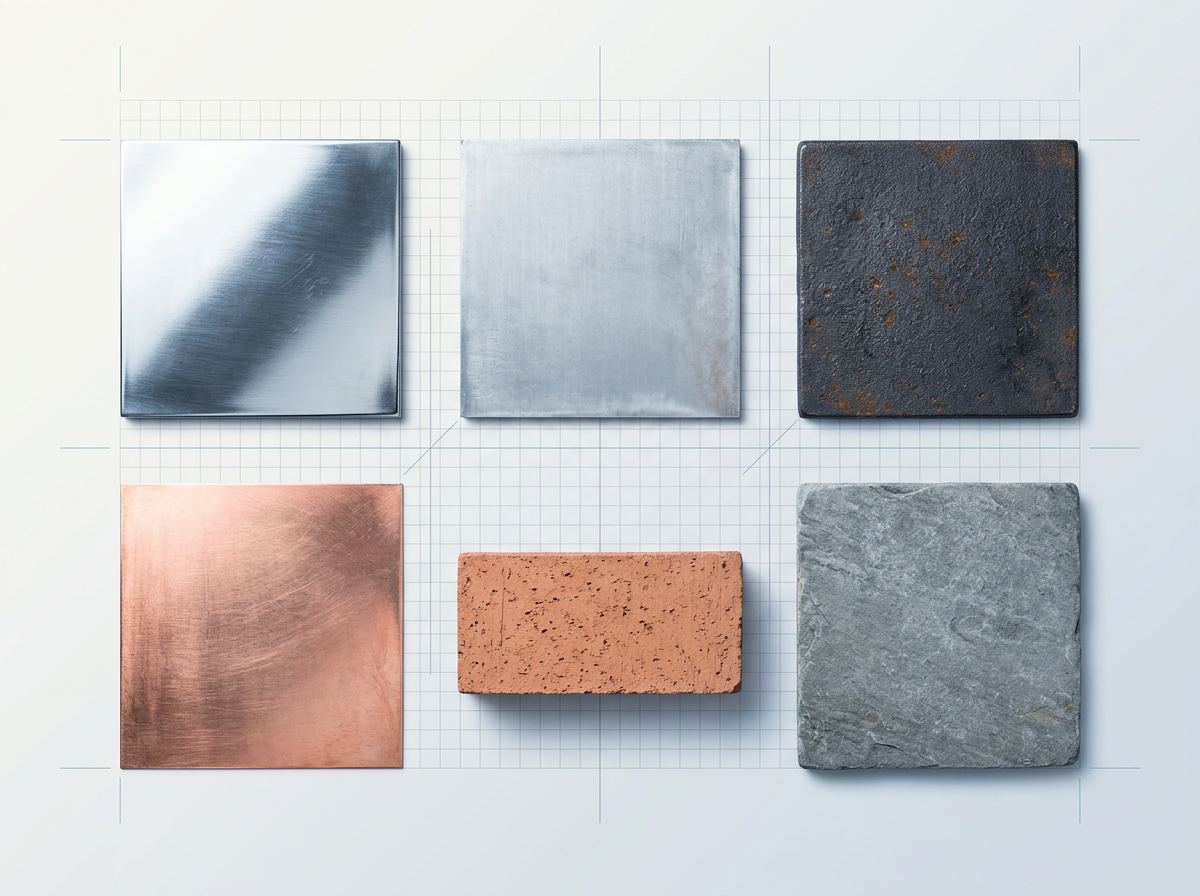 Grid of six material samples: polished steel, raw aluminium, cast iron, copper sheet, brick, and stone arranged in precise 2x3 layout on neutral industrial surface.