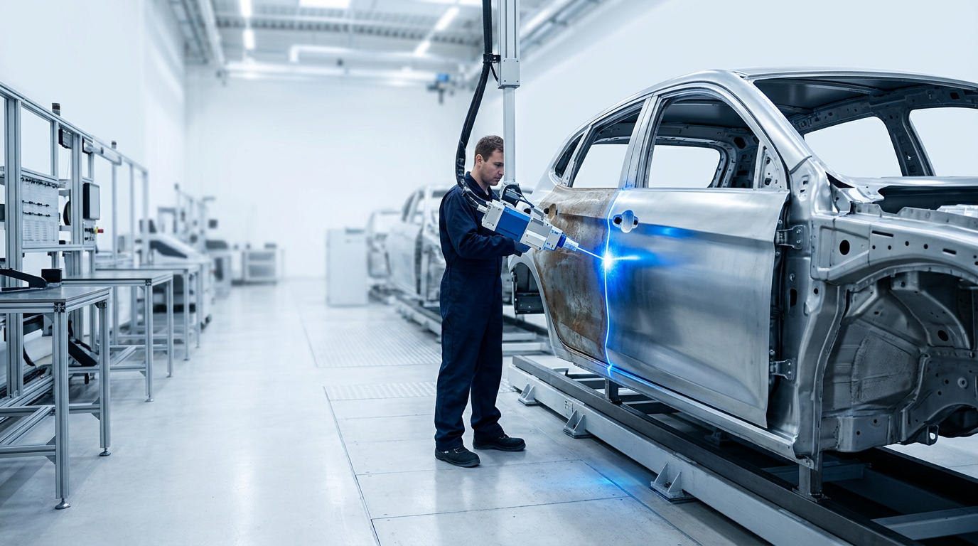 Automotive production line showing car body shell on fixture with laser cleaning head directed at metal panel, blue laser ablation visible on steel surface, technician in navy coveralls monitoring operation.