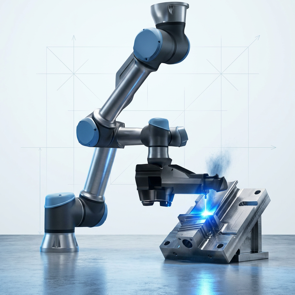 AutoLASE robotic arm with laser cleaning head positioned over a complex metal part on a bright industrial production floor, demonstrating automated laser rust removal in action.
