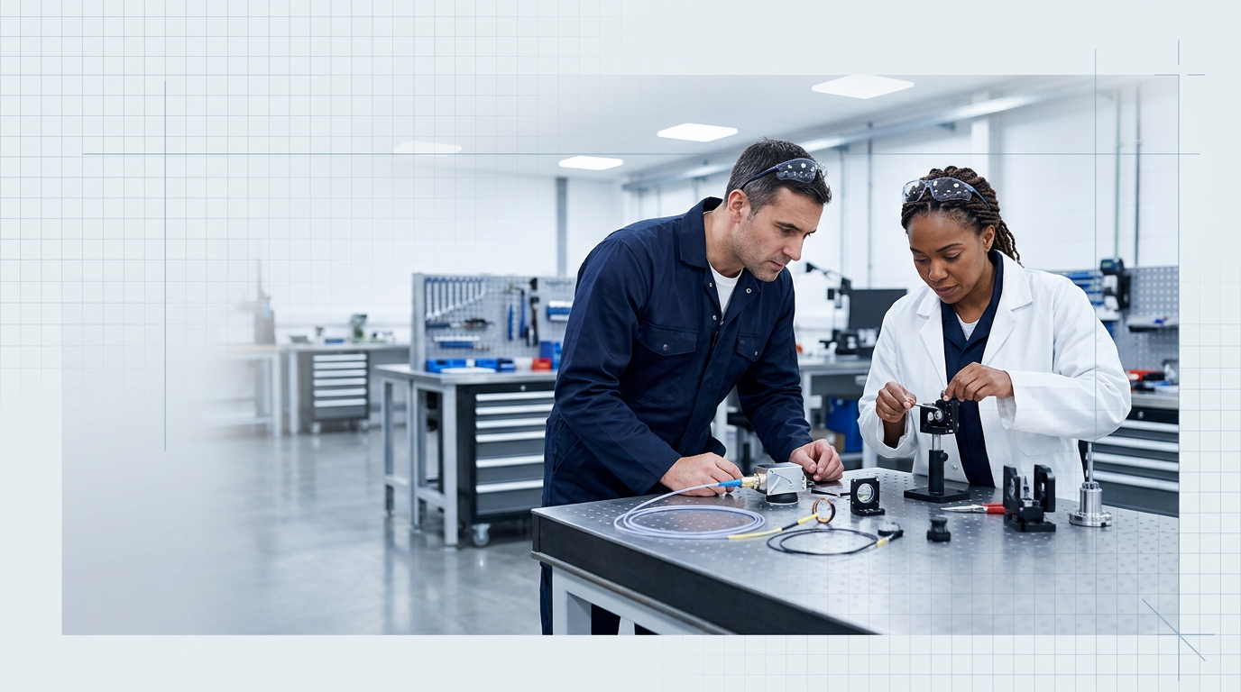Two engineers in navy coveralls and lab coats assembling laser system components at a precision workbench in a bright industrial workshop with metal tool storage and polished concrete flooring.