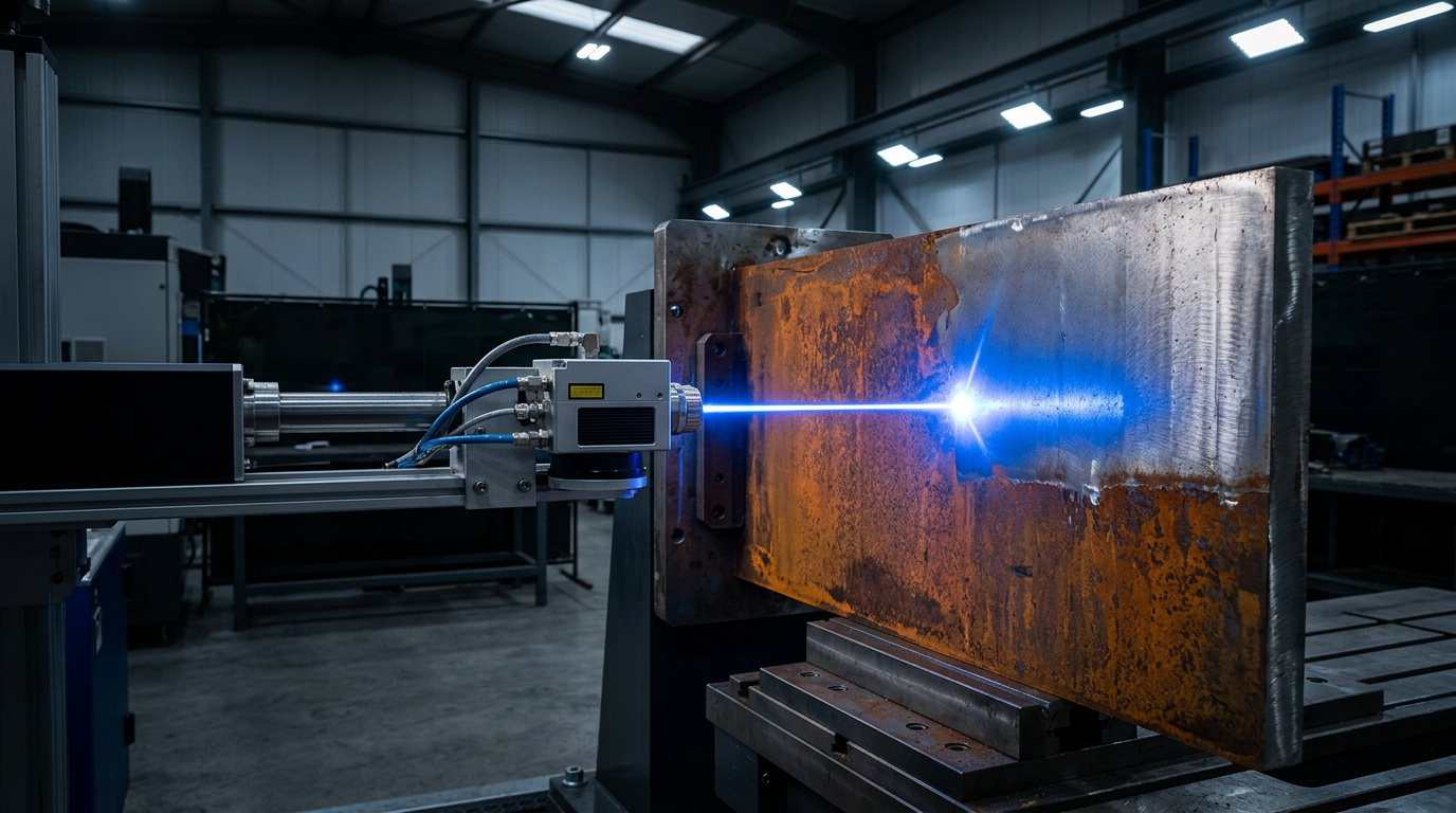 Professional manufacturing floor with laser cleaning head directing electric blue beam onto heavy steel workpiece, revealing clean bare metal beneath oxidized rust surface.