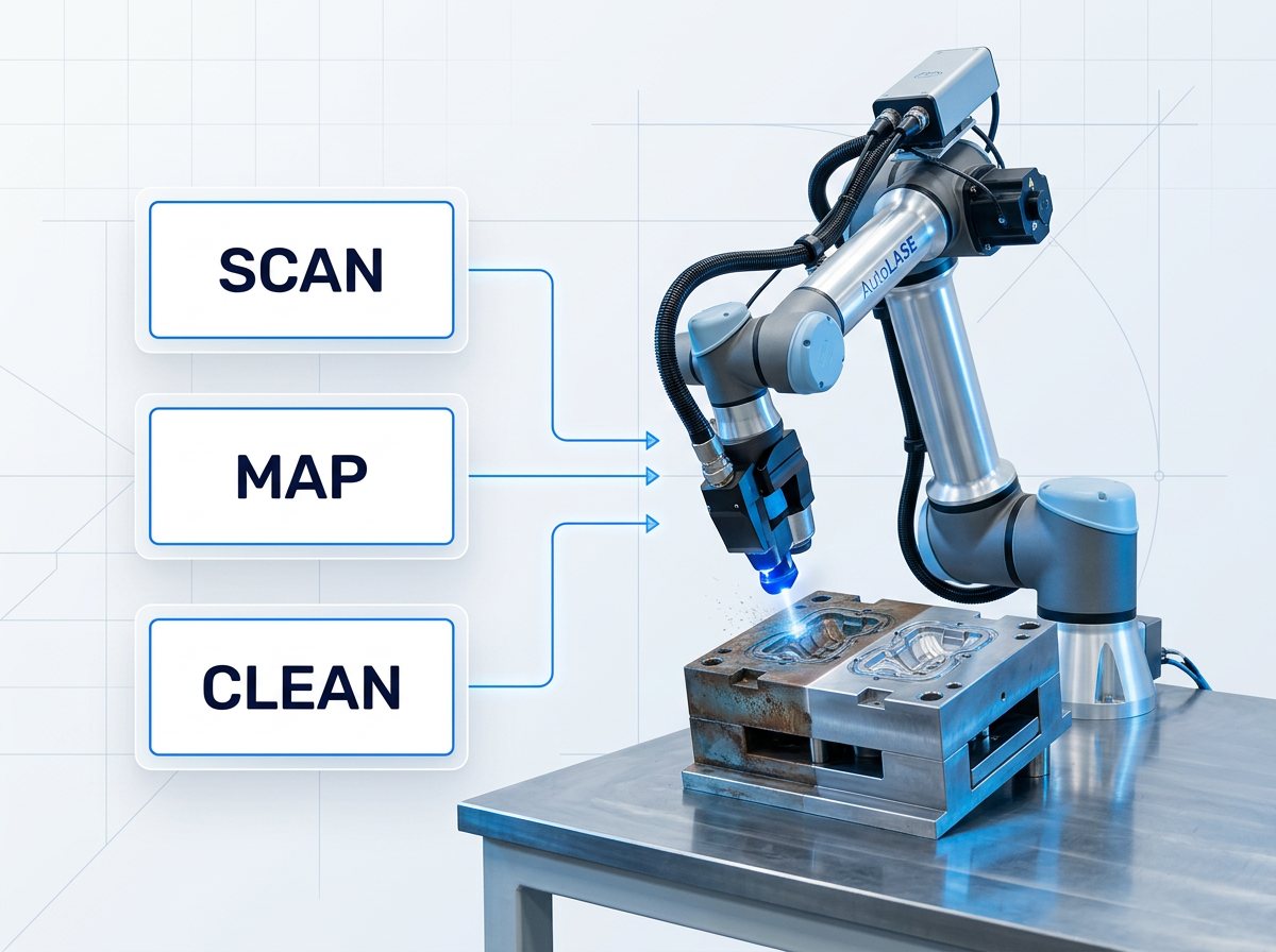 AutoLASE robotic arm positioned over metal component on workbench, with laser cleaning head glowing blue at contact point. Three workflow callout labels (Scan, Map, Clean) arranged left-to-right with connector lines.