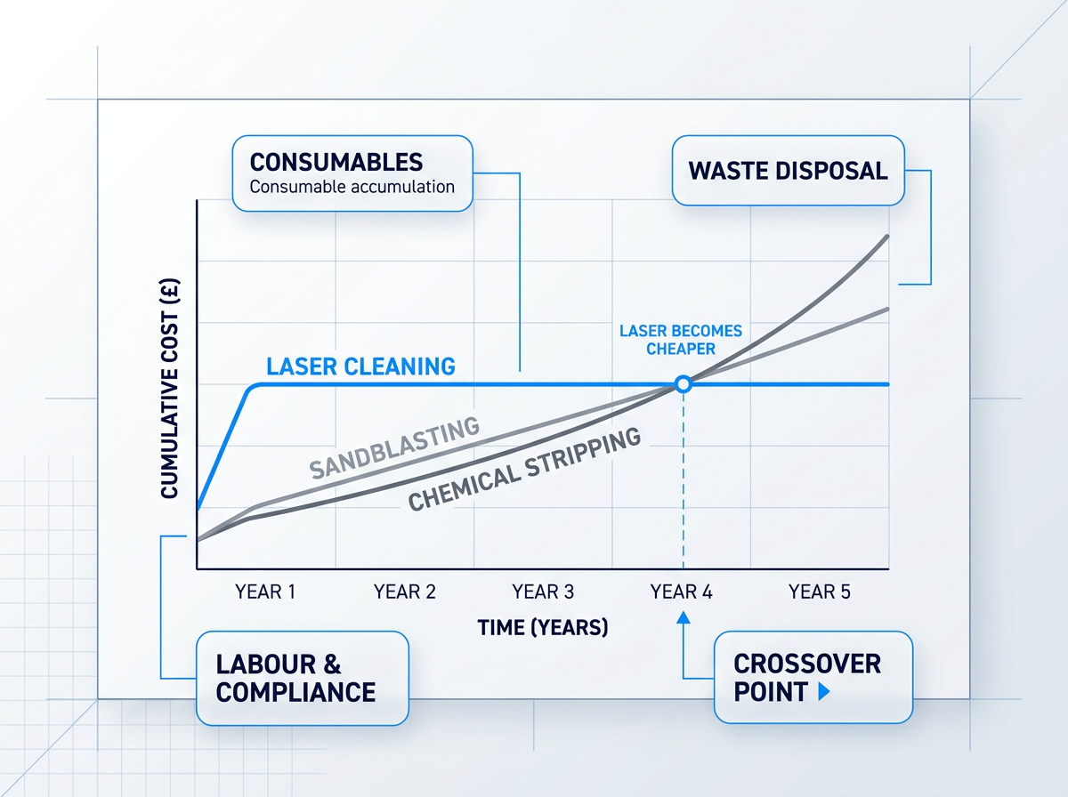 Five-year TCO comparison chart with three cost trajectories: laser cleaning (flat line after initial capital cost), sandblasting (steady upward slope), and chemical stripping (steeper slope). Crossover point marked where laser cleaning becomes cheaper than alternatives.