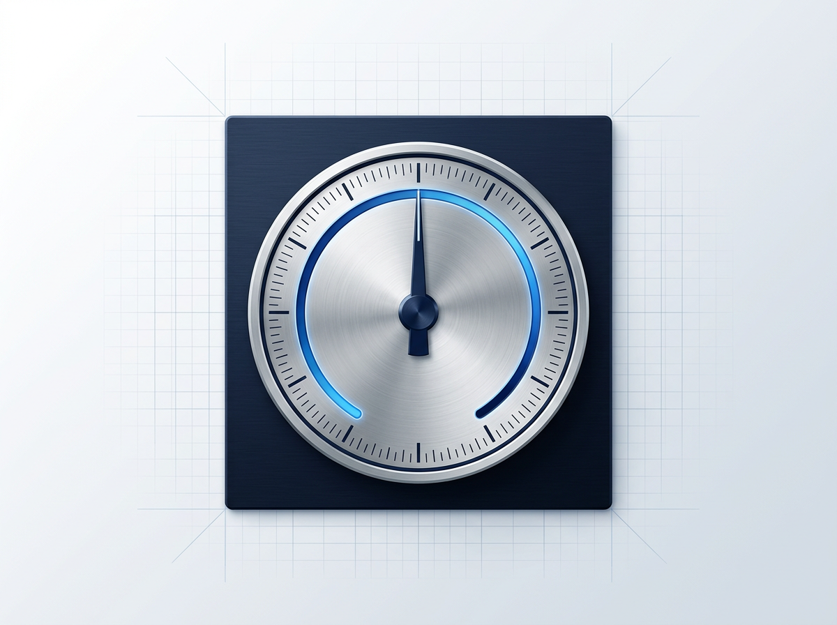 Precision industrial rotary power dial with stainless steel face, marked 0-100%, centered on dark navy control panel with electric blue gradient arc representing continuously variable power output.