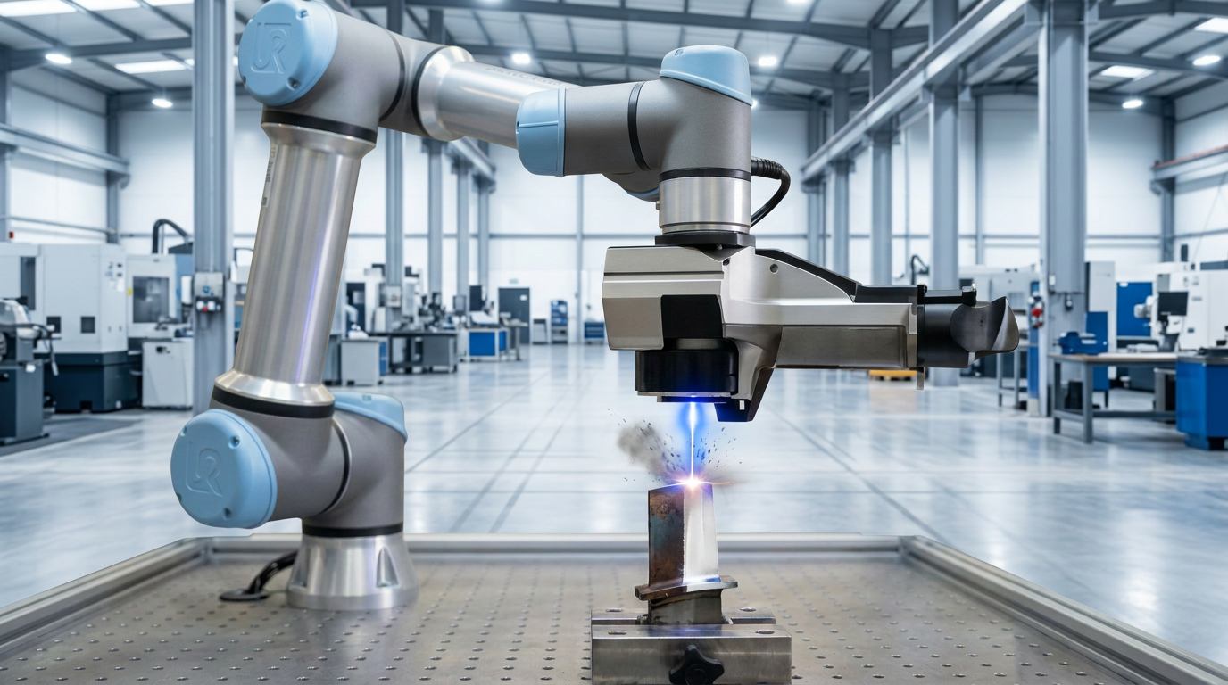 Articulated robotic arm with laser cleaning head actively cleaning a metal part on an open industrial production floor, with machinery and ambient lighting visible in the background.