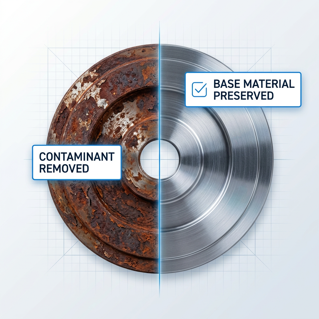 Split metal component surface: left side shows rust and oxide contamination with reddish-brown corrosion; right side displays clean bare steel with intact surface geometry and machining marks, divided by a sharp laser ablation line.