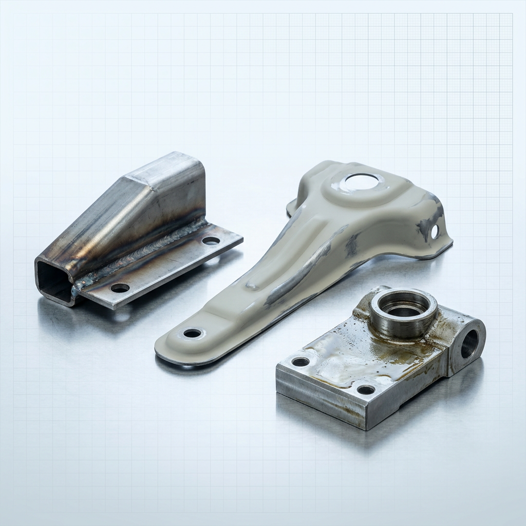 Industrial workbench with three metal parts showing different surface contaminants: weld discolouration on fabricated steel, primer residue on stamped component, oil contamination on machined part.