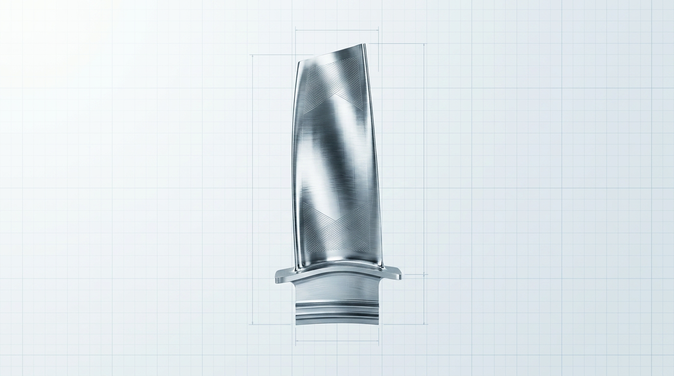 Precision-machined aerospace turbine blade with reflective metal surfaces and visible machining marks, centered against a clean light grey technical background with faint grid pattern.
