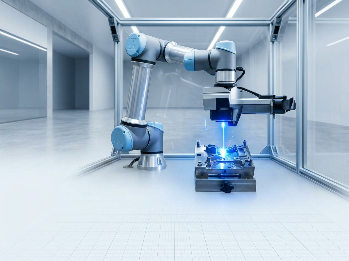 Clean manufacturing floor with AutoLASE robotic laser cleaning system operating mid-ground, robotic arm extended over workpiece, electric blue laser light at contact point, bright studio lighting, no chemical waste or hazard signage visible.