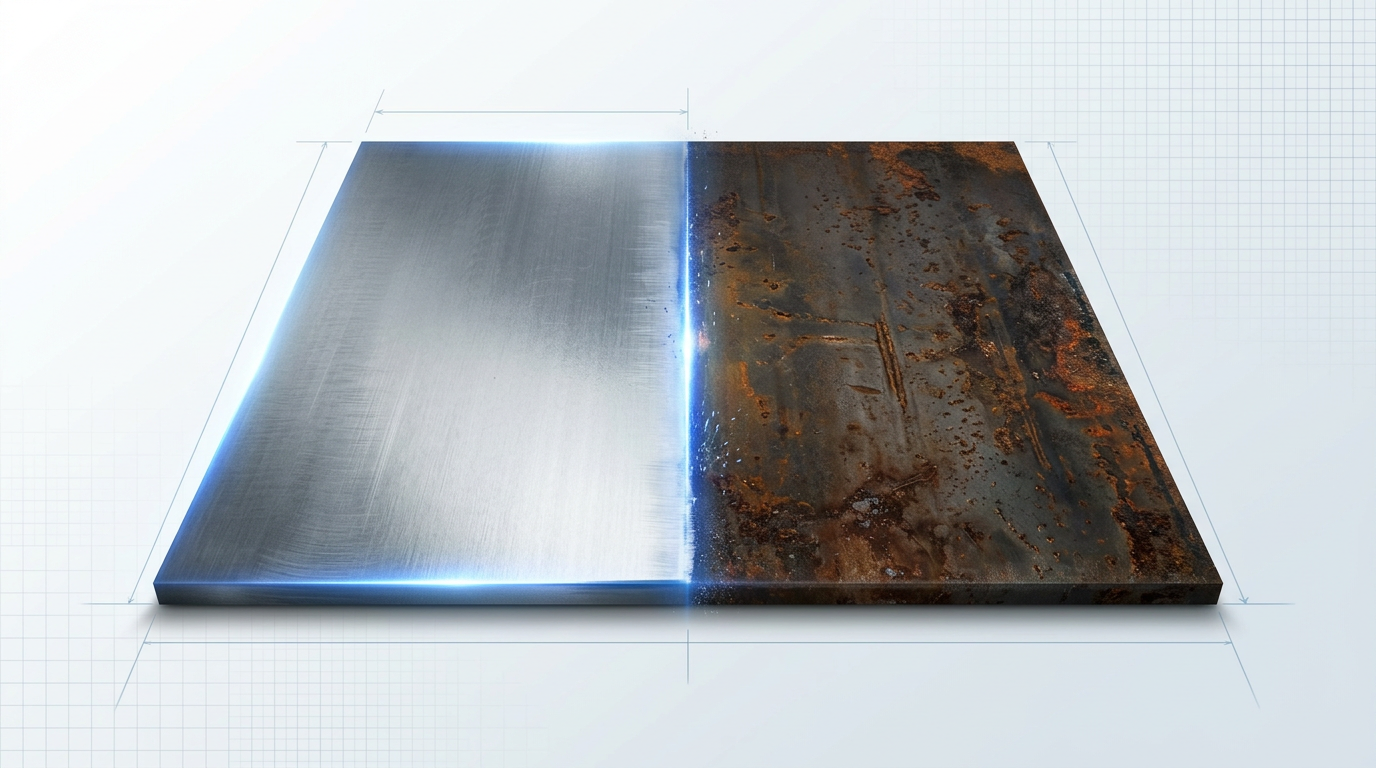 Steel plate split vertically: left side shows clean bare metal with silvery reflectivity and machining marks; right side displays heavy rust, mill scale, and orange-brown corrosion with sharp dividing line glowing electric blue from laser cleaning process.