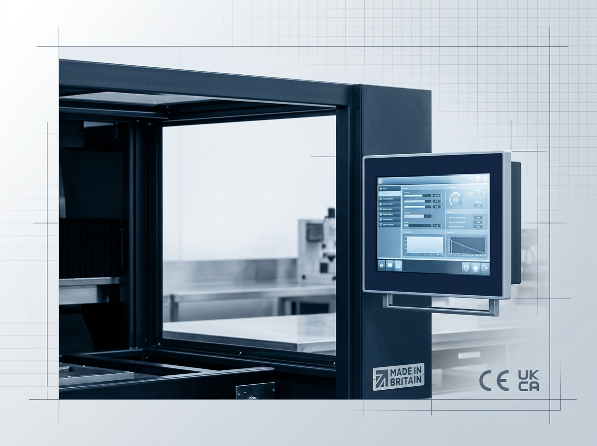 Industrial touchscreen control panel mounted on AutoLASE machine enclosure in bright production facility, with CE and UKCA certification badges visible on frame.