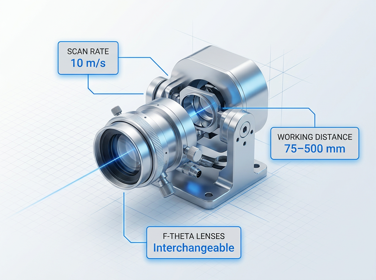 Photorealistic galvanometer scanner head with F-Theta lens assembly on light technical background, with three callout badges displaying scan rate, working distance range, and lens type specifications connected by blue circuit-trace lines.