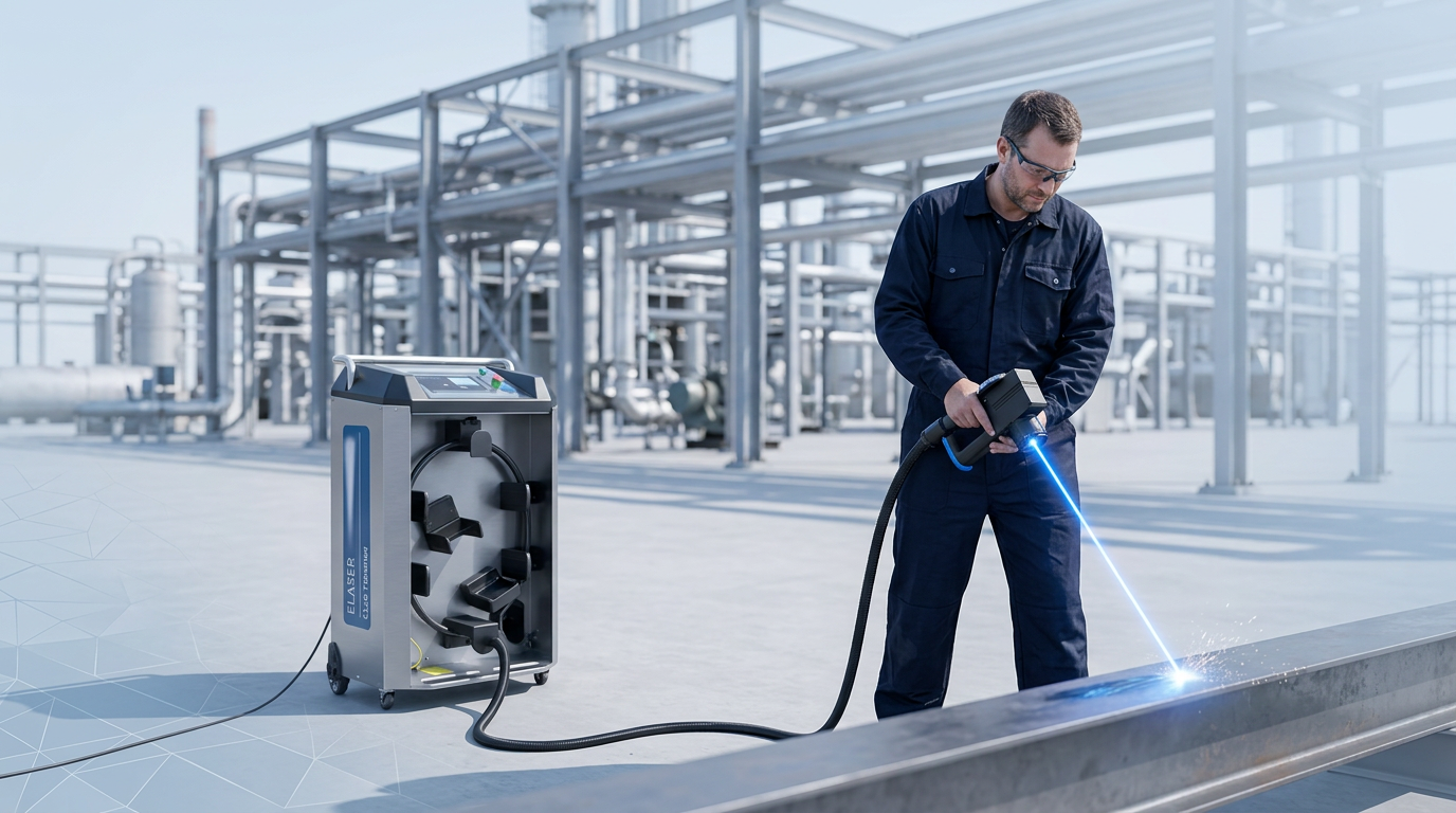 Industrial outdoor facility with operator in navy coveralls directing handheld laser scanner at metal structure, wheeled ELASER laser unit with extended fiber cable on concrete floor nearby.
