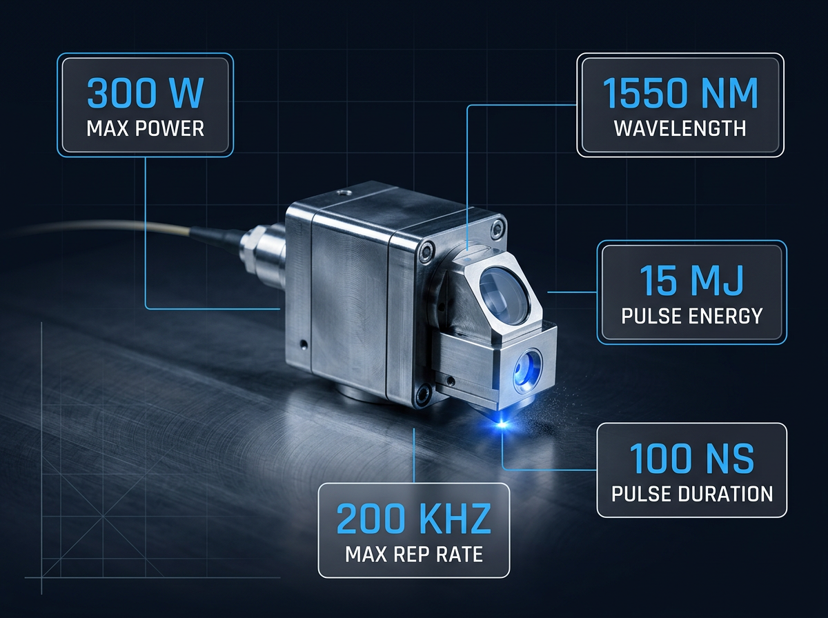 Fibre laser delivery nozzle with electric blue beam glow, surrounded by five specification callout badges displaying 300 W max power, 1550 nm wavelength, 15 mJ pulse energy, 100 ns pulse duration, and 200 kHz repetition rate against dark technical background.