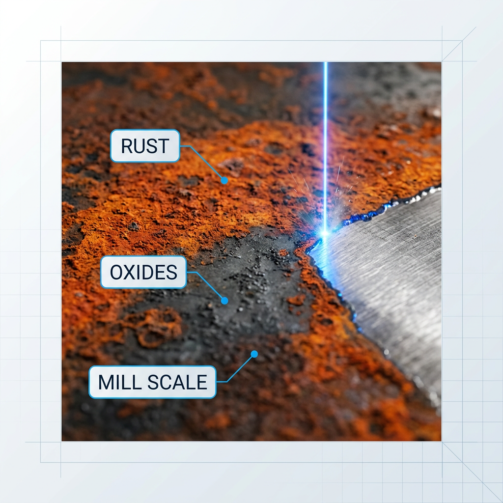 Close-up of rusted steel surface with laser beam ablation boundary, showing rust and mill scale vaporising to reveal clean bare metal beneath, labeled with contaminant identification.