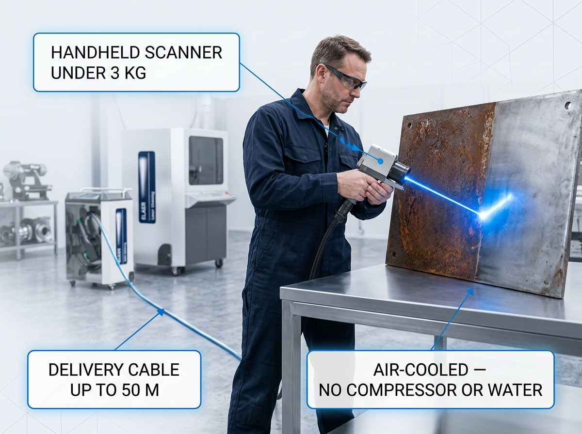 Operator in navy coveralls directing handheld laser scanner at rusted metal surface, with electric blue laser beam cleaning rust. ELASER wheeled unit and extended fiber cable visible in background workshop.