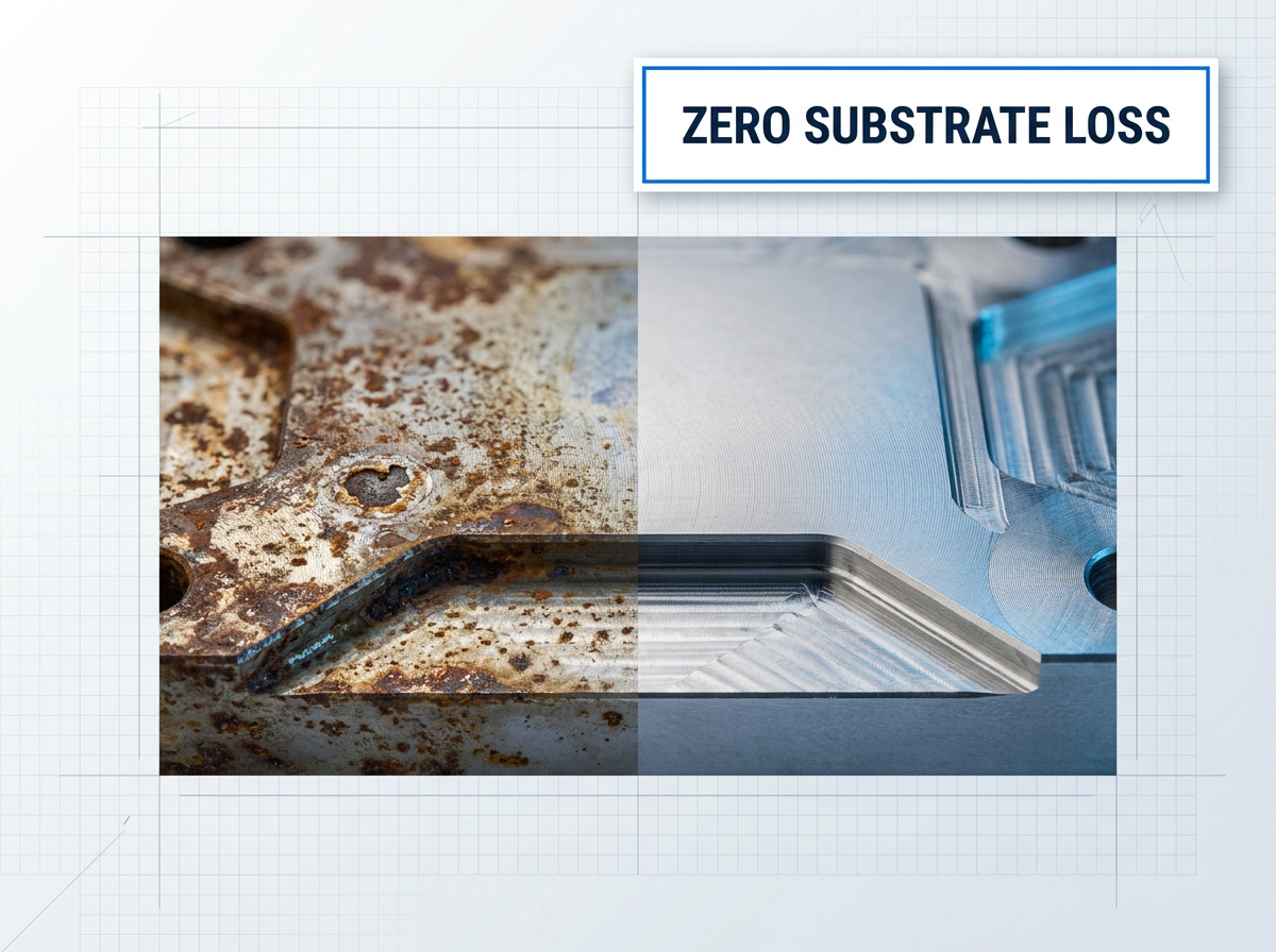 Close-up split surface of precision metal component: left half shows rust and oxide contamination with corrosion pitting; right half shows clean bare metal with machining marks and surface geometry fully preserved. White badge labeled 'ZERO SUBSTRATE LOSS' in upper right.