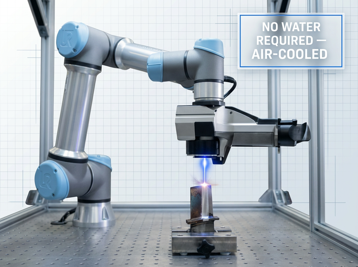 AutoLASE robotic laser cleaning cell with articulated arm positioned over aerospace component, electric blue laser beam visible at surface contact point, white badge overlay reading 'NO WATER REQUIRED — AIR-COOLED' in upper-right corner.