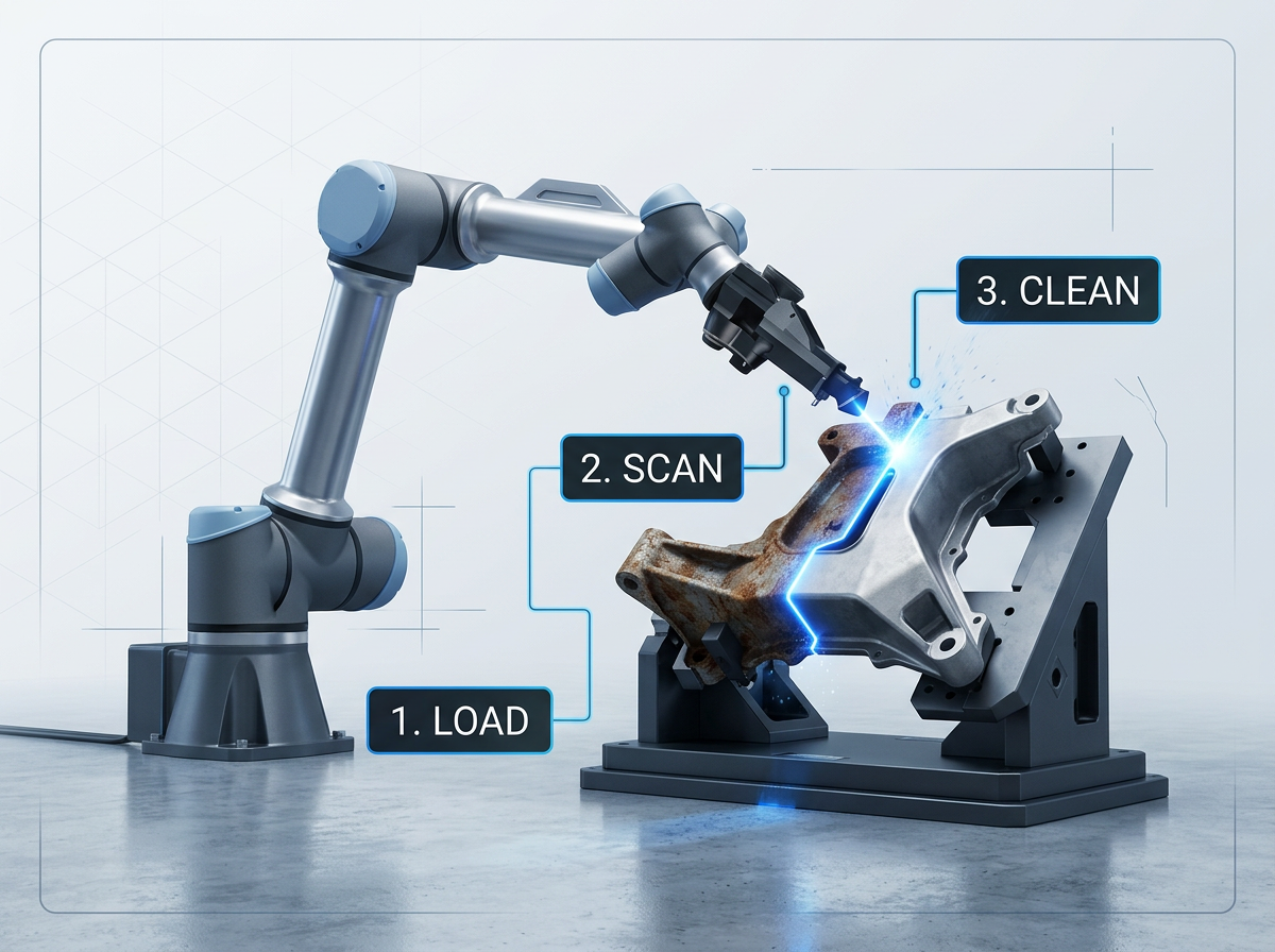 Articulated robotic arm with laser cleaning head positioned over complex metal automotive part in bright industrial cell, with three sequential process labels—Load, Scan, Clean—positioned at key operational points.
