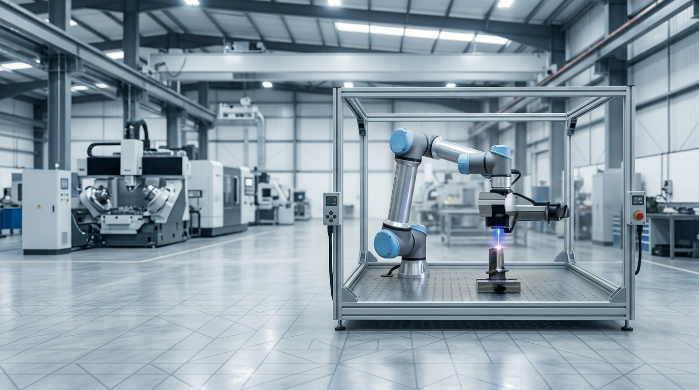 Modern manufacturing floor with articulated robotic arm operating in a clean production cell, overhead LED lighting, polished concrete, muted industrial tones with depth of field blur.