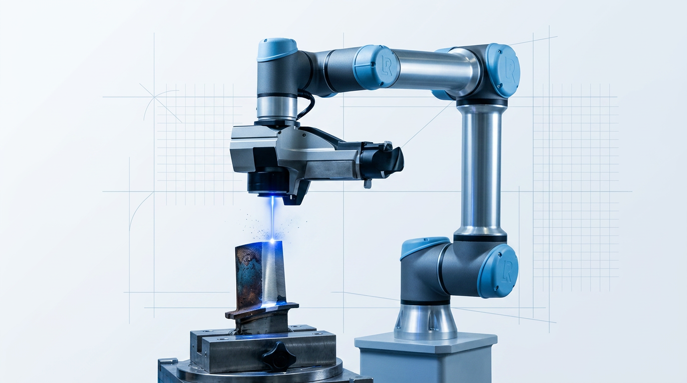 Six-axis robotic arm mounted on pedestal with laser scanning head positioned over an engine component, laser beam active at contact point showing before-and-after surface cleaning contrast.