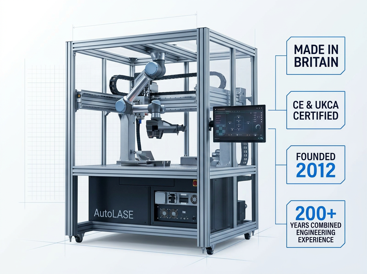 AutoLASE automated laser cleaning system with robotic arm and control interface, flanked by four credential badges: Made in Britain, CE & UKCA Certified, Founded 2012, 200+ Years Combined Engineering Experience.