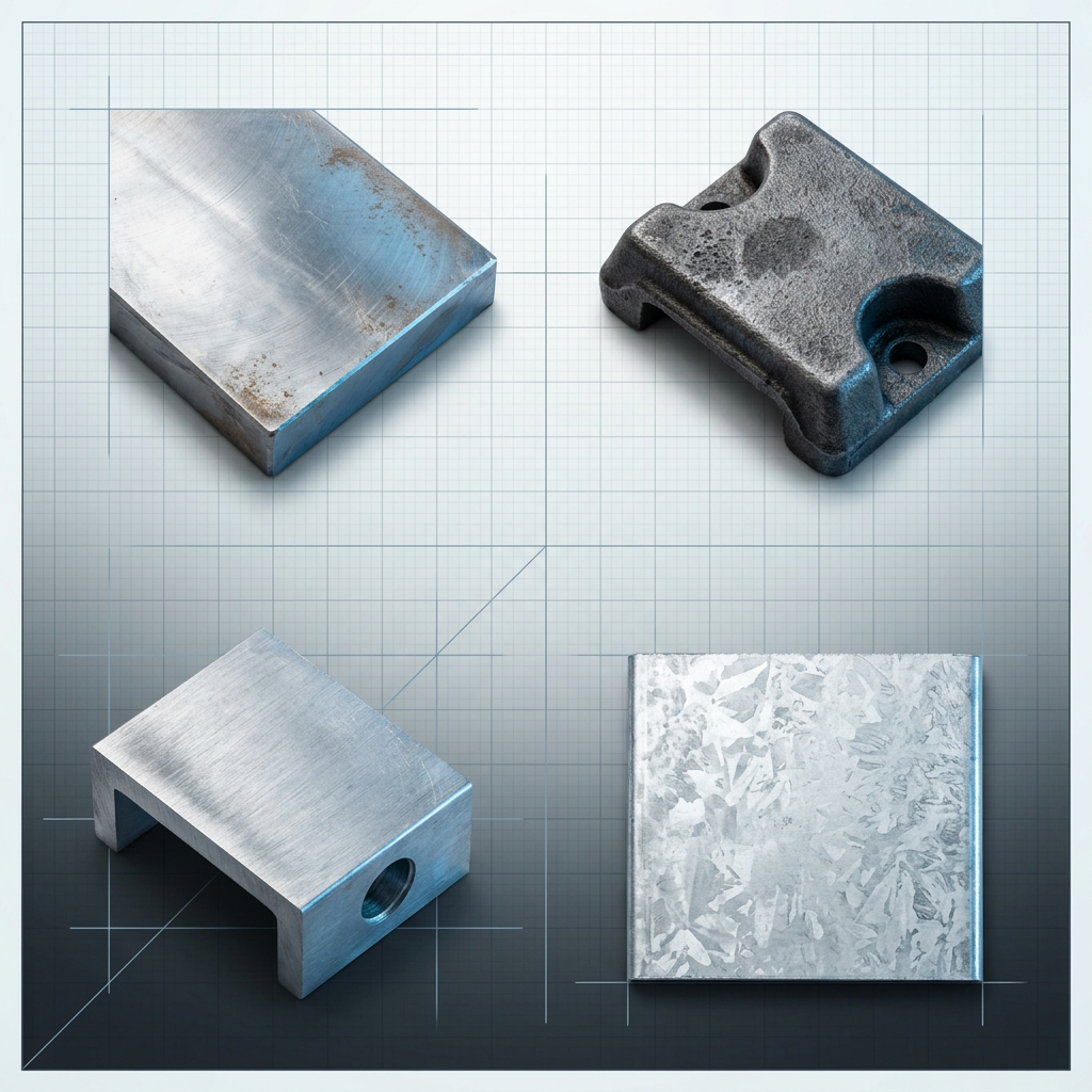 Four industrial metal components arranged on dark background: polished steel plate with machining marks, rough cast iron part, brushed aluminium alloy section, and galvanised steel panel with crystalline zinc coating, each showing authentic surface texture and material characteristics.