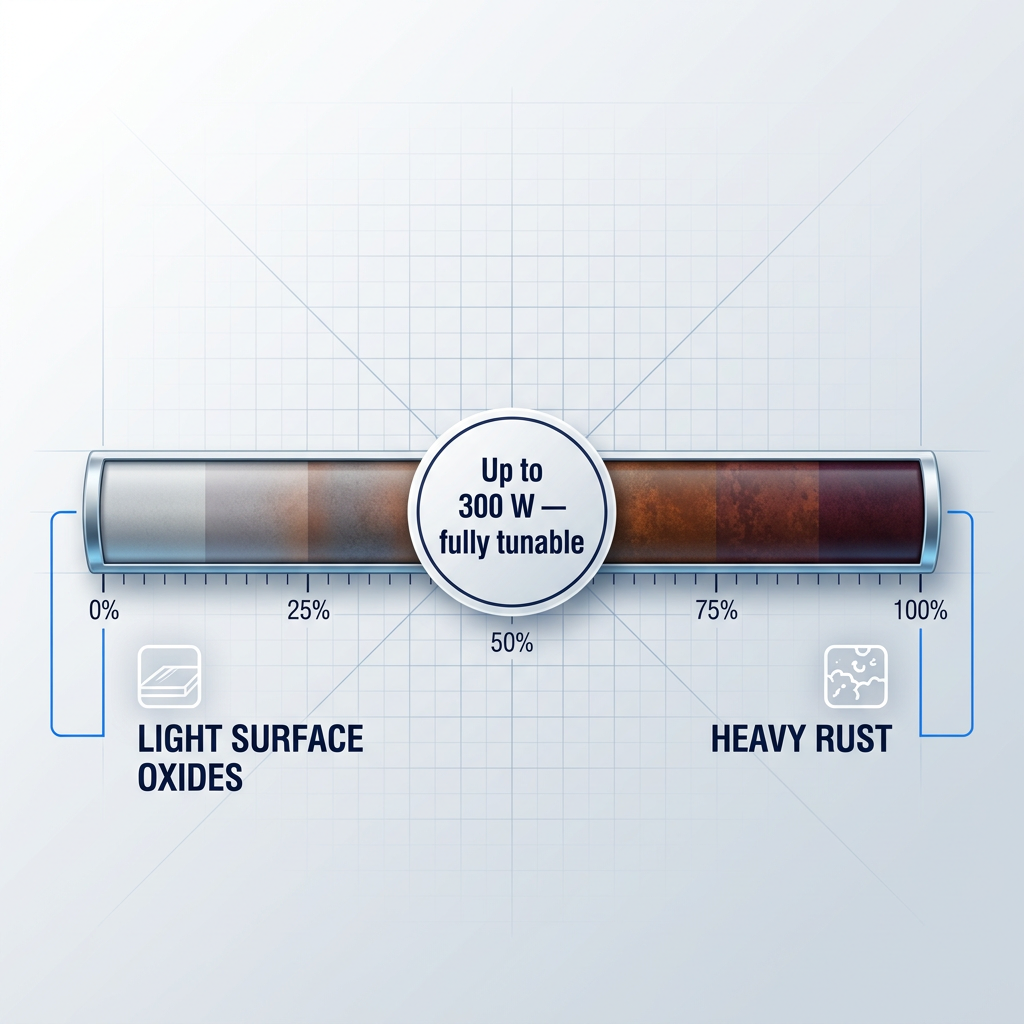 Horizontal power dial spanning light surface oxides to heavy rust with central badge reading up to 300W fully tunable, positioned on clean technical gradient background with calibration markings and endpoint labels.
