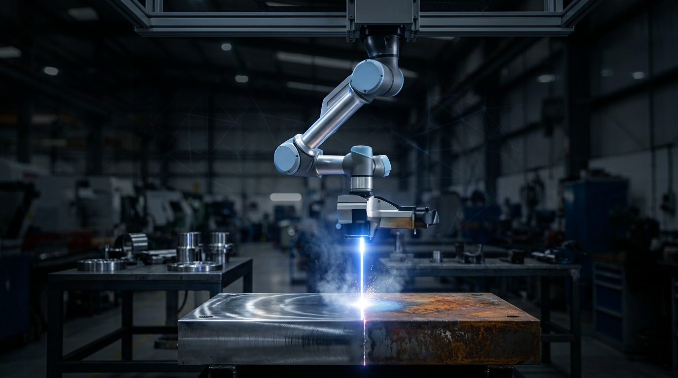 Articulated robotic arm with laser cleaning head positioned over steel workpiece on dark production floor, laser beam creating bright blue-white contact point with visible rust removal.