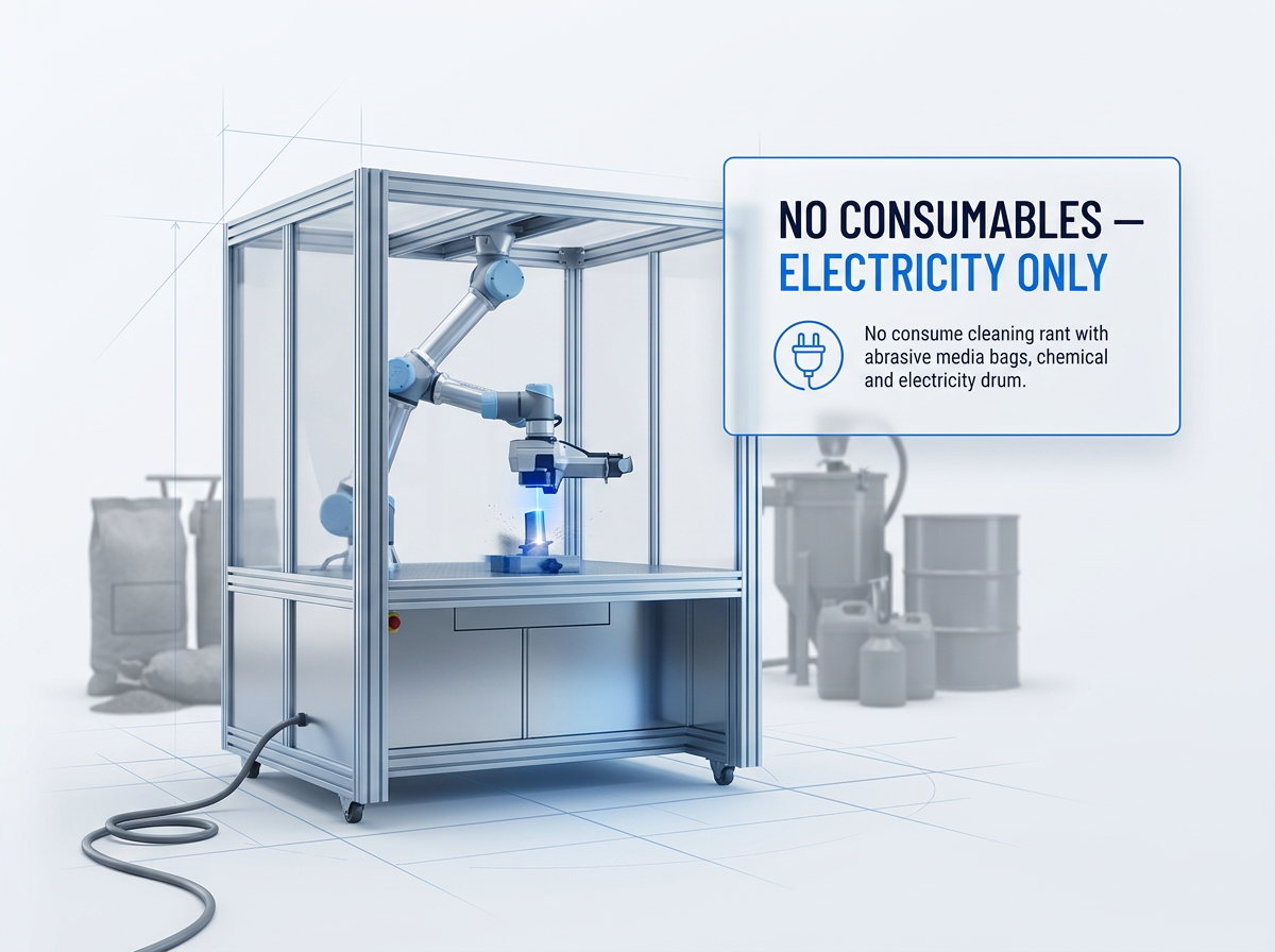 AutoLASE laser cleaning system in industrial enclosure with extended robotic arm and electric blue laser beam active on a part surface, single power cable as only input, faded chemical drums and abrasive bags in background, badge overlay reading 'No consumables — electricity only'.