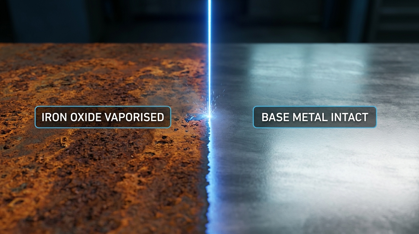 Steel surface during laser rust removal showing sharp boundary between corroded rust on left and bare bright metal on right, with electric blue laser beam at transition line vaporising iron oxide.