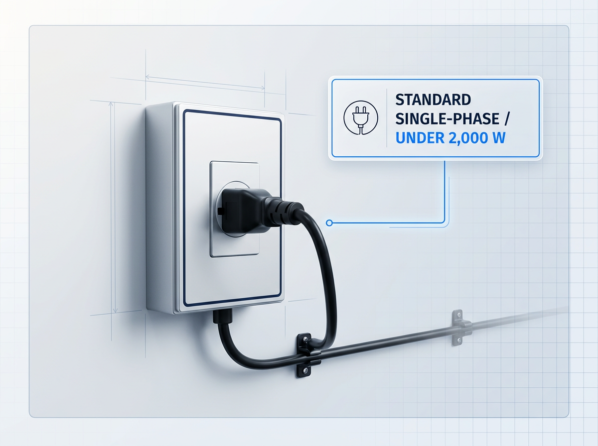 Industrial wall-mounted electrical panel with standard single-phase power outlet and connected black power cable, overlaid with badge reading 'Standard single-phase supply under 2,000 W' and electric blue connector line.