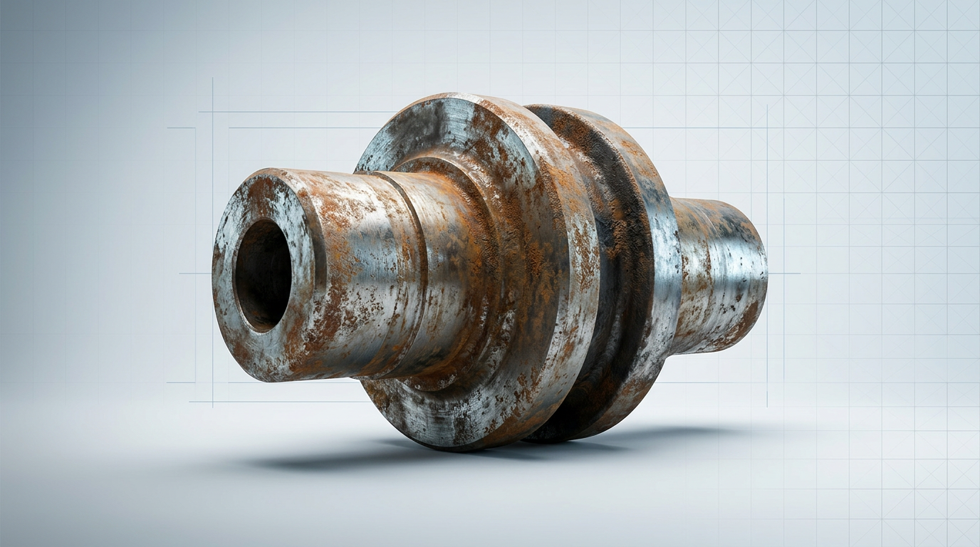 Worn steel shaft with visible rust and oxidation sitting on a light grey inspection surface in a bright industrial workspace, ready for cleaning and rebuild assessment.