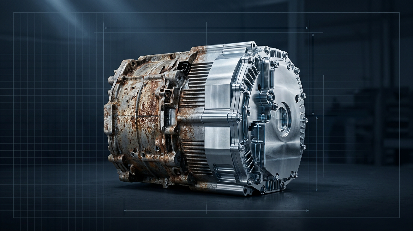 Precision-engineered automotive engine block with half oxidized worn surface and half polished clean bare metal, divided by stark contrast line under cool directional lighting on dark industrial background.