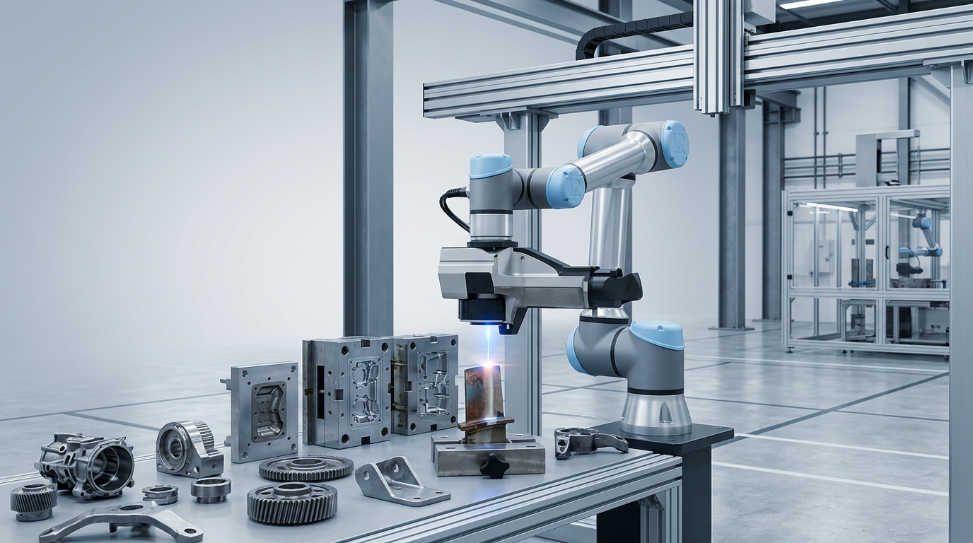 Modern production floor with articulated robotic arm positioned over metal components including aerospace turbine blades and injection mold inserts, laser cleaning head glowing blue at contact point.