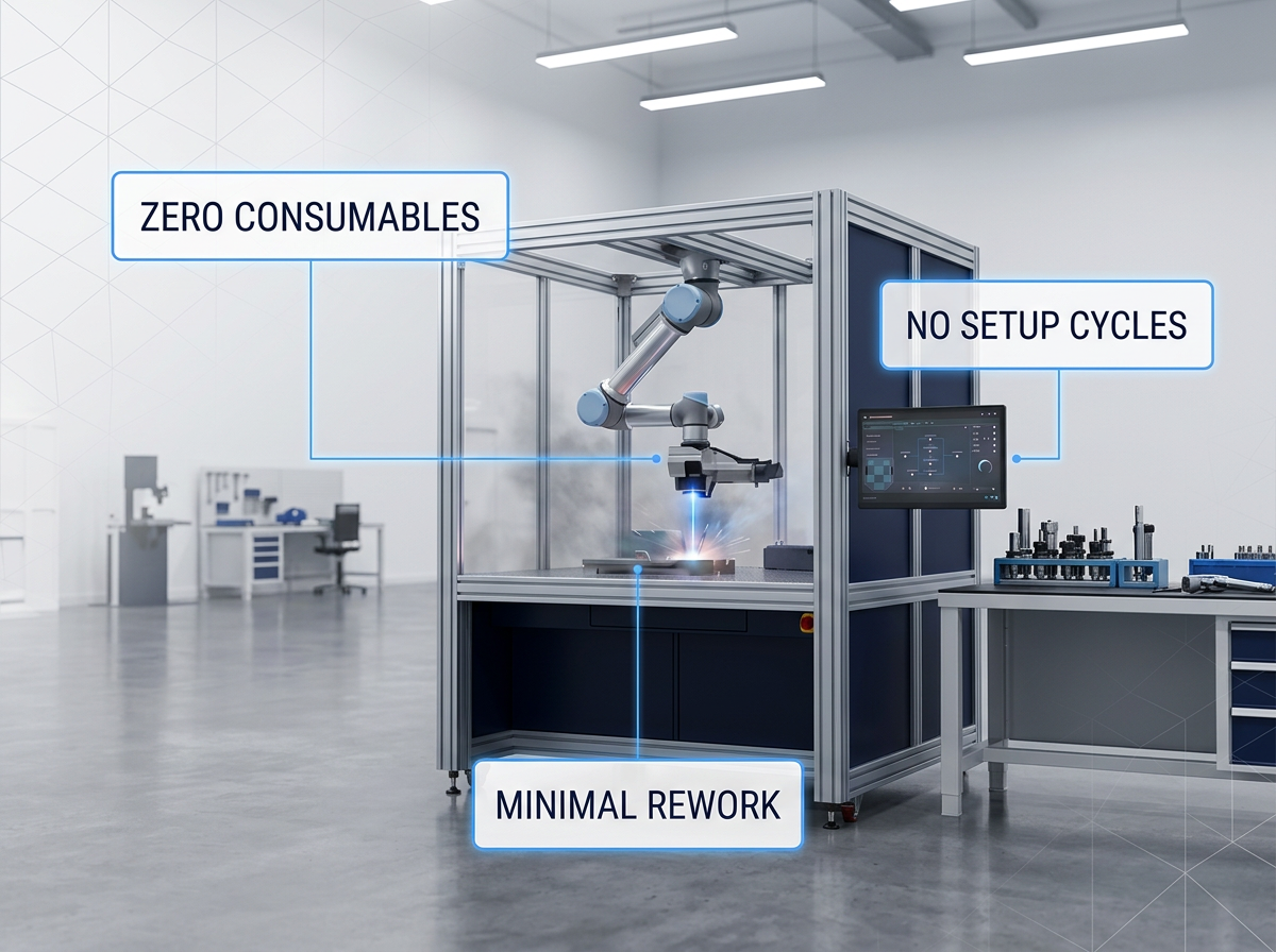 Modern production floor with AutoLASE robotic laser cleaning cell in operation, electric blue laser beam active on workpiece, three informational badges highlighting zero consumables, no setup cycles, and minimal rework.