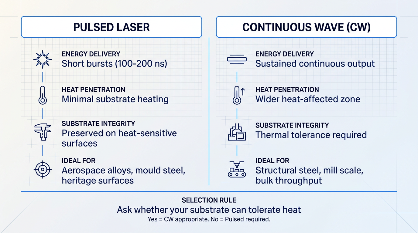 Two-column comparison of pulsed versus continuous wave laser cleaning: pulsed delivers short bursts with minimal heat penetration for precision surfaces; CW delivers sustained output with wider heat-affected zone for structural steel.