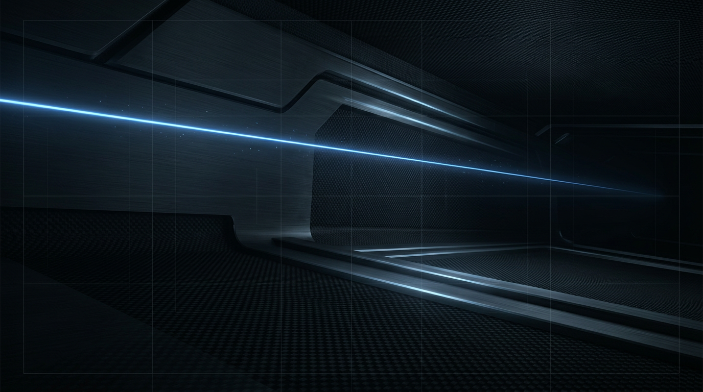 Dark industrial metal and carbon-fiber surface with a horizontal electric blue laser beam cutting across the mid-section, creating a luminous glow with subtle optical reflections on metallic ridges.