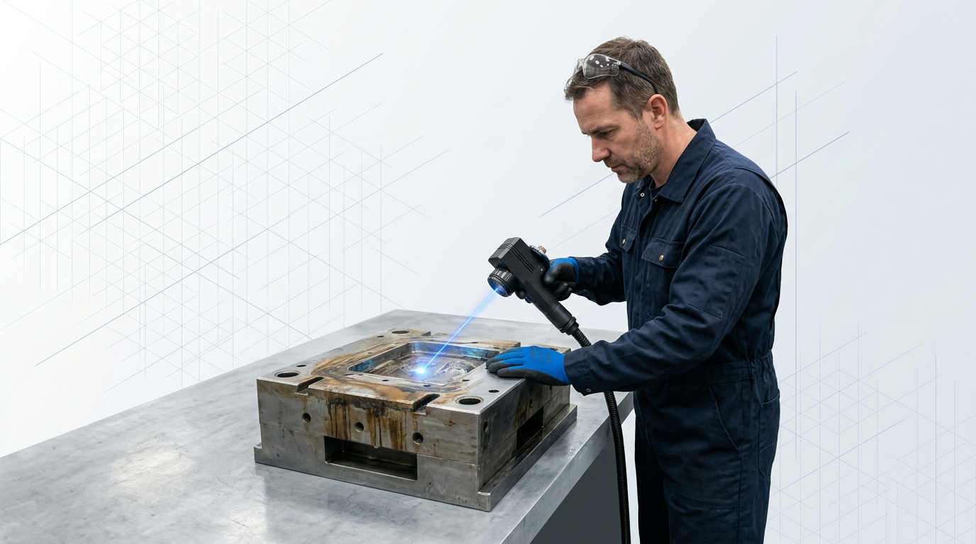 Engineer in dark navy coveralls pointing a handheld laser scanner at a metal surface on a clean workbench, with electric blue laser beam visible at the contact point.