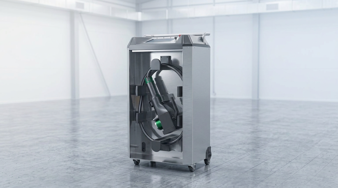 Compact laser cleaning unit on wheels in a bright, open workshop with no compressor, hoses, or external equipment visible—demonstrating self-contained laser sandblaster design.