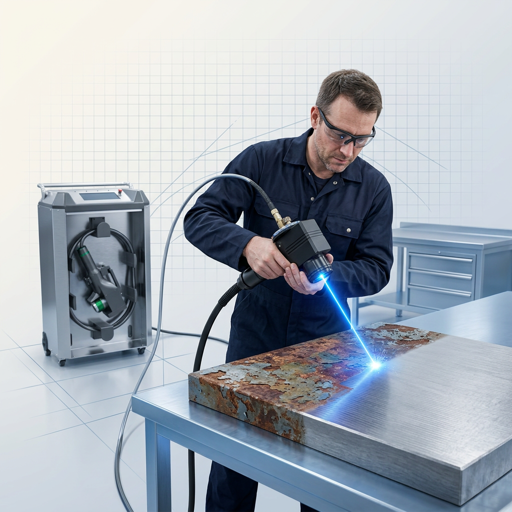 Engineer in dark coveralls operating ELASER laser cleaning head on rust-covered metal surface in open workshop, with electric blue laser beam creating sharp contrast between degraded and cleaned metal.