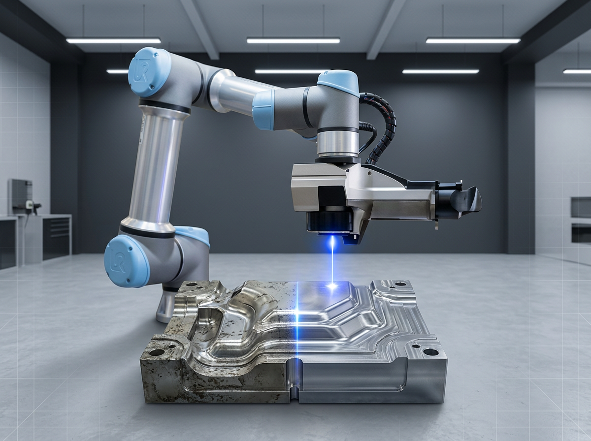 Multi-axis robotic arm with laser cleaning head positioned over a complex 3D injection mould component, actively cleaning with electric blue laser light in a bright industrial production facility.
