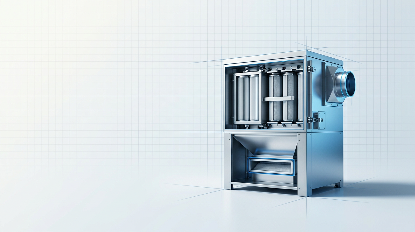 Compact fume extraction filter unit in clean industrial workspace, stainless steel housing with visible filtration cartridges, no scattered waste or contamination visible.
